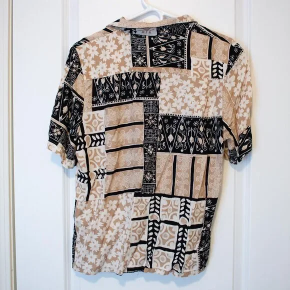 Mixed Pattern Patchwork Eclectic VTG 14 Top Tan Black Artsy Print | Soft Autumn - Picture 2 of 4